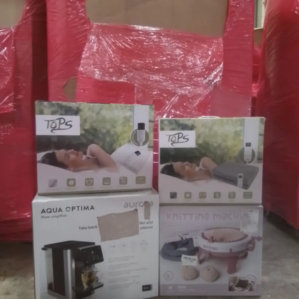 PALLET OF ASSORTED HOUSEHOLD GOODS AND FURNITURE TO INCLUDE; AQUA OPTIMA, SENTRY KNITTING MACHINE, TOPS HEATED BLANKET ETC 