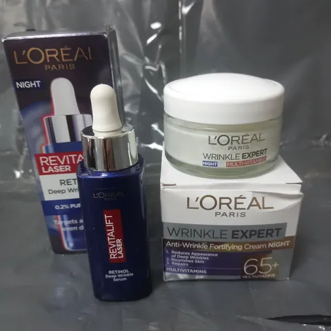 LOT OF 2 L'OREAL PARIS SKINCARE PRODUCTS TO INCLUDE ANTI-WRINKLE NIGHT CREAM 50ML AND RETINOL DEEP WRINKLE SERUM 30ML