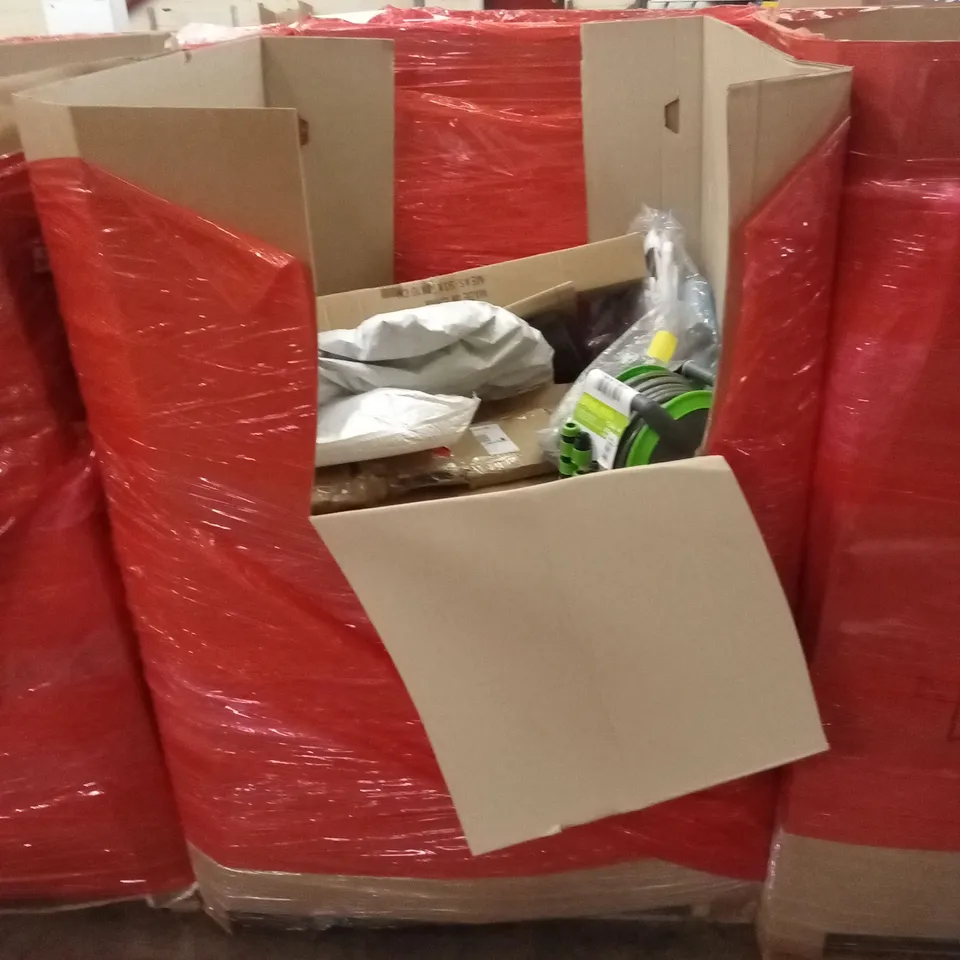 PALLET OF ASSORTED HOUSEHOLD GOODS AND PRODUCTS TO INCLUDE; HOSE REEL, BOXED FURNITURE ETC