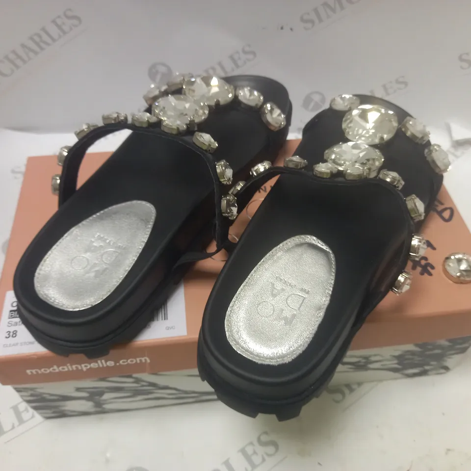 BOXED OZWELL BLACK SATIN CLEAR STONE SLIP SANDLES - SIZE 38