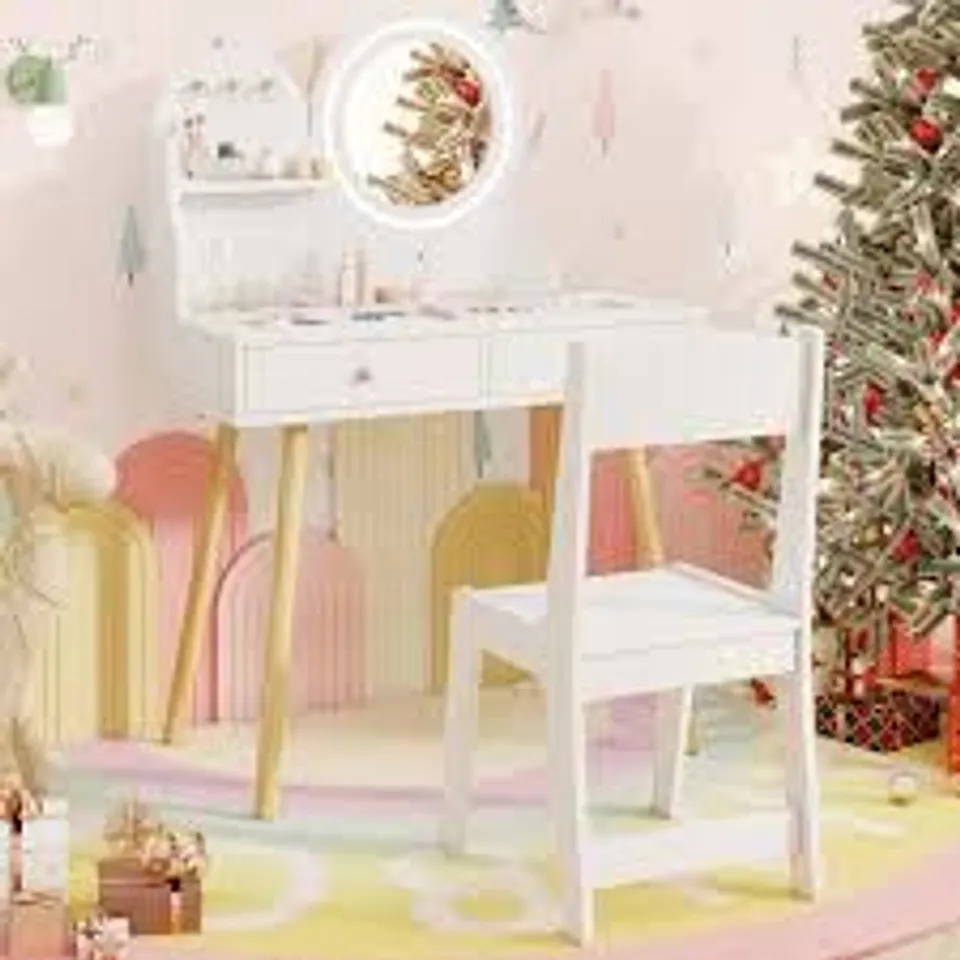 BOXED COSTWAY 2 DRAWER SINGLE SHELF WHITE WOODEN KIDS VANITY SET WITH LIGHTED MIRROR AND HOOKS