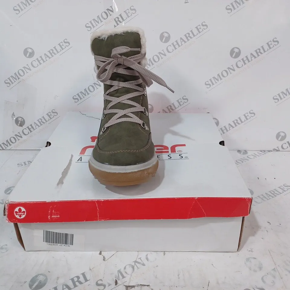 BOXED PAIR OF RIEKER WARM HIKING BOOTS, KHAKI - SIZE 7.5