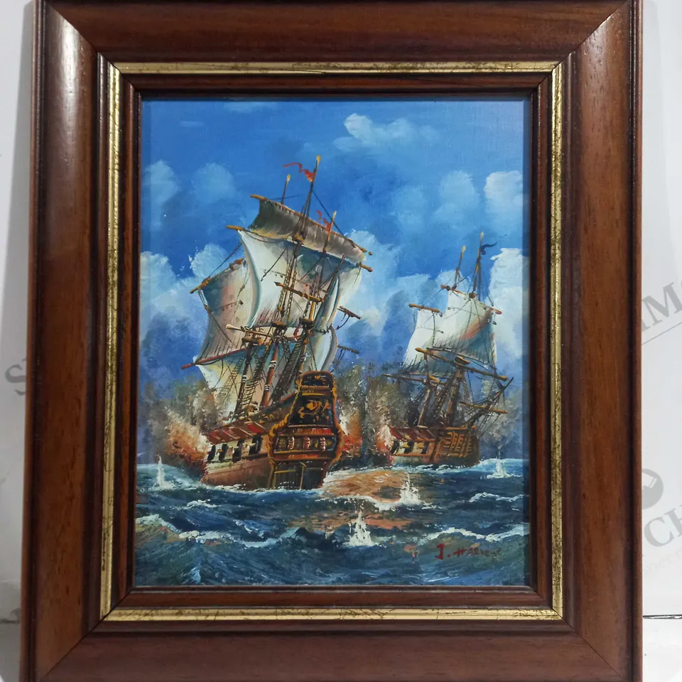 SIGNED J. HARVEY FRAMED OIL PAINTING OF EARLY 19TH CENTURY SHIPS