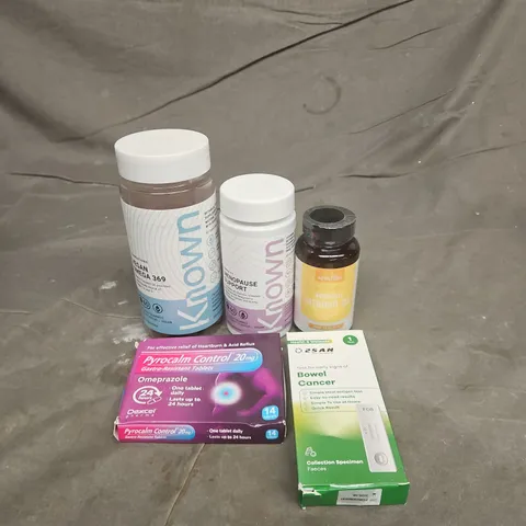 TOTE OF APPROXIMATELY 20 ASSORTED HEALTHCARE PRODUCTS TO INCLUDE ALPHA FOODS VITAMIN D3 TABLETS - BOWEL CANCER TEST KIT AND KNOWN MENOPAUSE SUPPORT SUPPLEMENTS