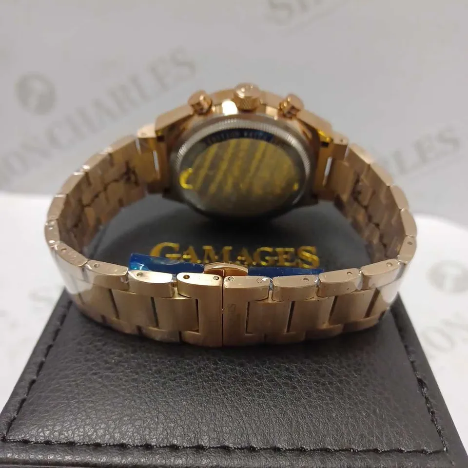 GAMAGES ENTERPRISE ROSE TRIPLE DATE DIAL TACHYMETER BRACELET STRAP WRISTWATCH