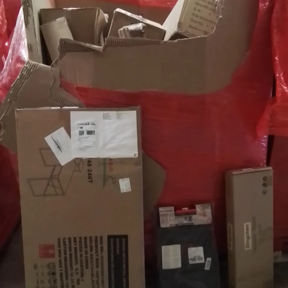 PALLET OF ASSORTED HOUSEHOLD GOODS AND PRODUCTS TO INCLUDE;STEP STOOL,VACUUM STAND,METAL DESK