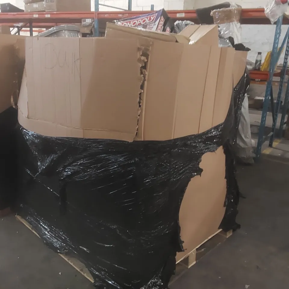 PALLET CONTAINING A VERY LARGE QUANTITY OF ASSORTED CONSUMER PRODUCTS INCLUDING: MONOPOLY GAME, PORTABLE CLOTHES RAIL, CLOTHES HANGERS, JUICING CUP ECT