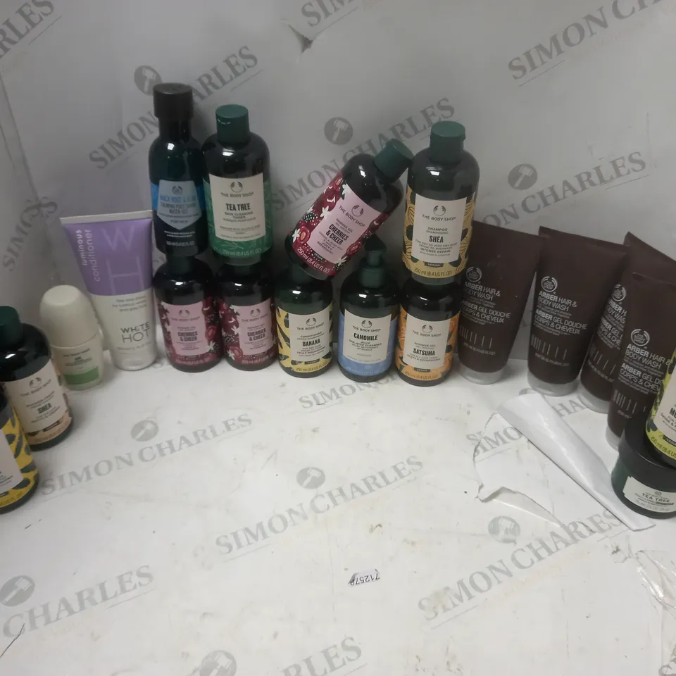 LOT OF BEAUTY PRODUCTS TO INCLUDE THE BODY SHOP SHAMPOO AND SHOWER GEL, ETC