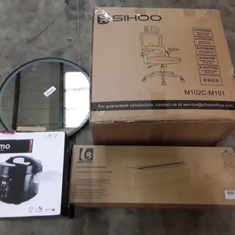 PALLET OF ASSORTED PRODUCTS INCLUDING ROUND LED MIRROR, STAINLESS STEEL 60CM WATERFALL, OFFICE CHAIR, RICE COOKER, BABY'S PLAYPEN
