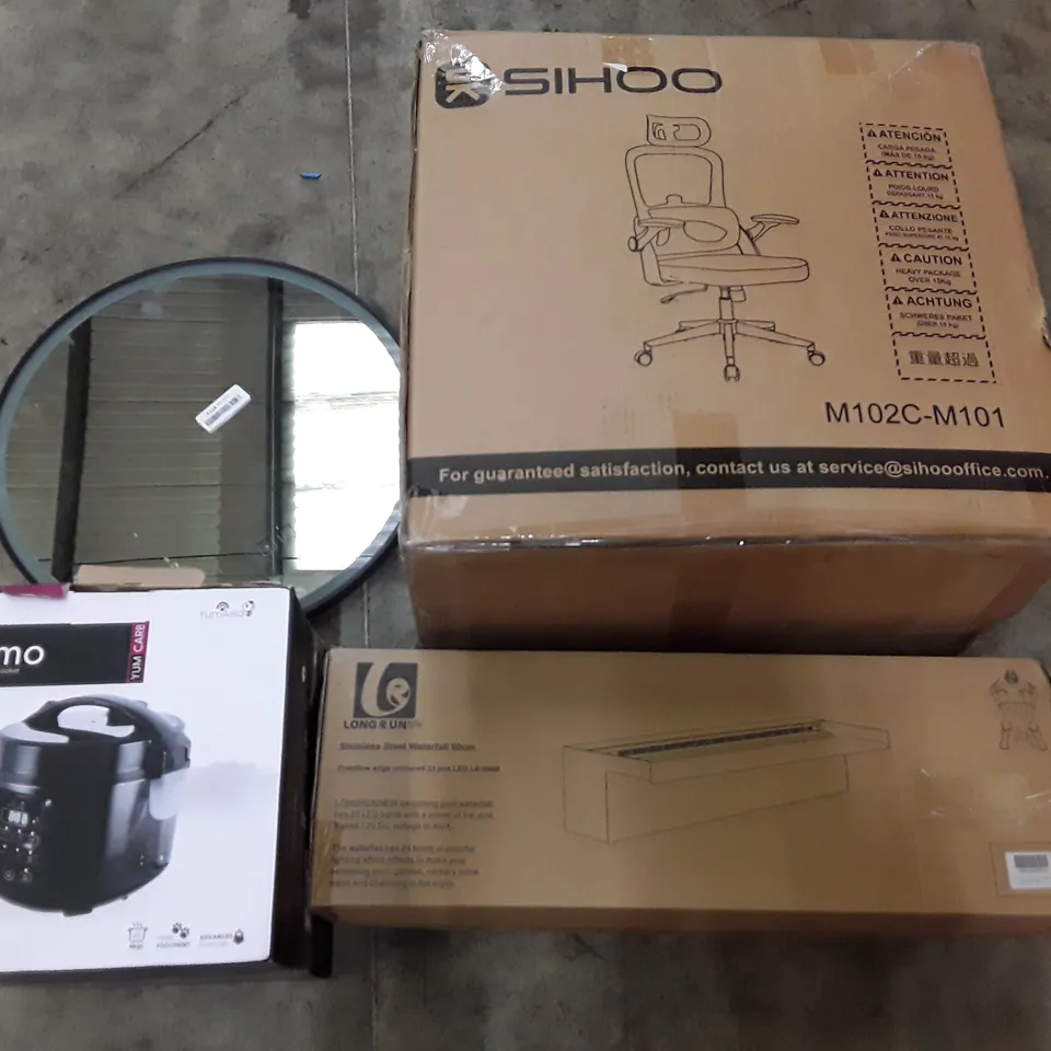 PALLET OF ASSORTED PRODUCTS INCLUDING ROUND LED MIRROR, STAINLESS STEEL 60CM WATERFALL, OFFICE CHAIR, RICE COOKER, BABY'S PLAYPEN 