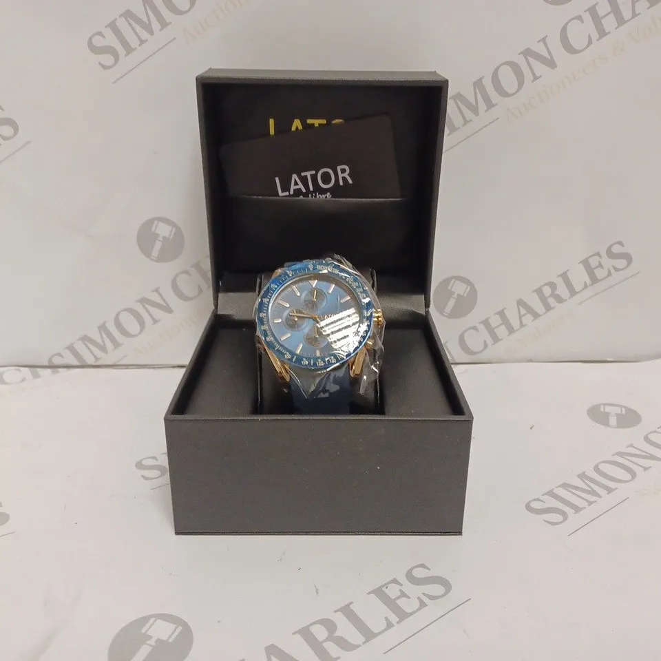LATOR CALIBRE L2842 MENS CHRONOGRAPH WATCH - STAINLESS STEEL CASE - RUBBER STRAP - DISPLAY BOX 