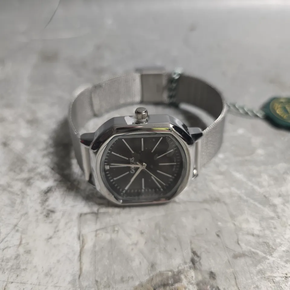 BOXED GAMAGES ORNATE DIAMOND STEEL BLACK DIAL WATCH 