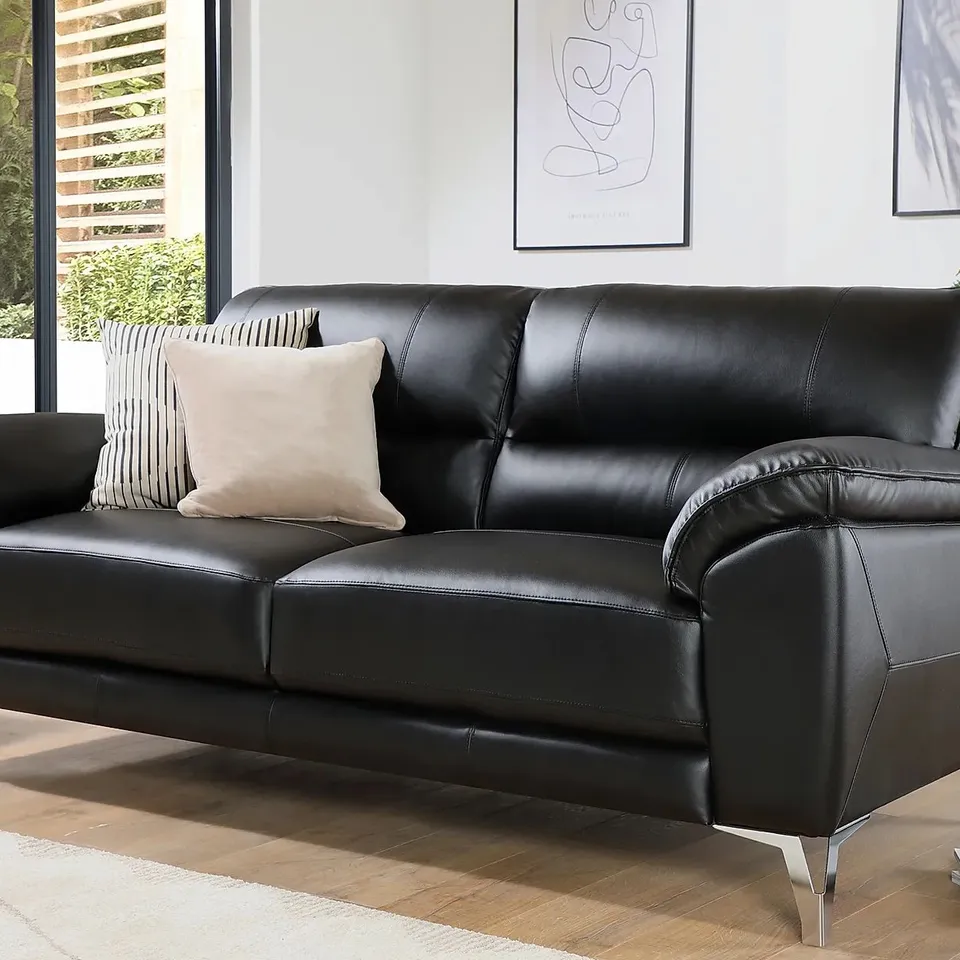 BOXED DESIGNER MADRID BLACK LEATHER 3 SEATER SOFA (1 BOX)