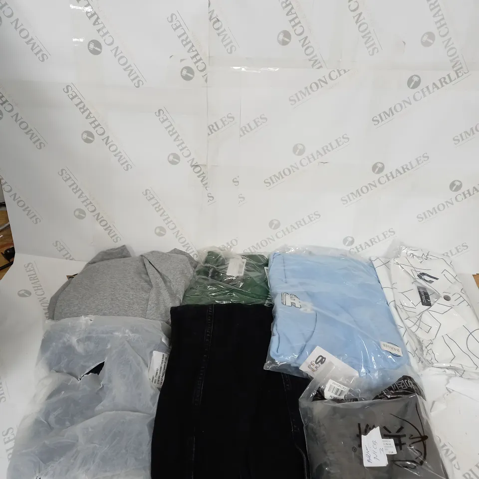 LARGE BOX OF ASSORTED CLOTHING ITEMS IN VARIOUS COLOURS AND SIZES INCLUDING TROUSERS , TOPS AND JUMPERS 