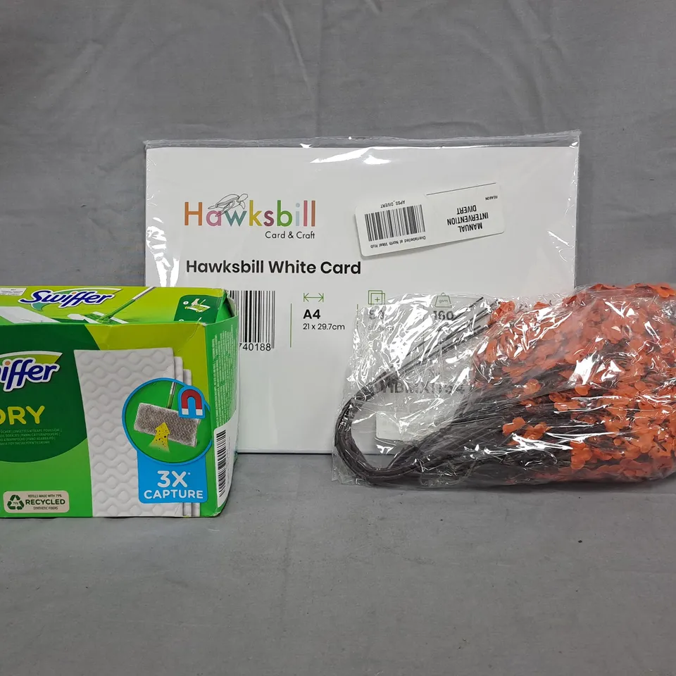 BOX OF APPROXIMATELY 10 ASSORTED HOUSEHOLD ITEMS TO INCLUDE SWIFFER, HAWKSBILL WHITE CARD, ETC - COLLECTION ONLY