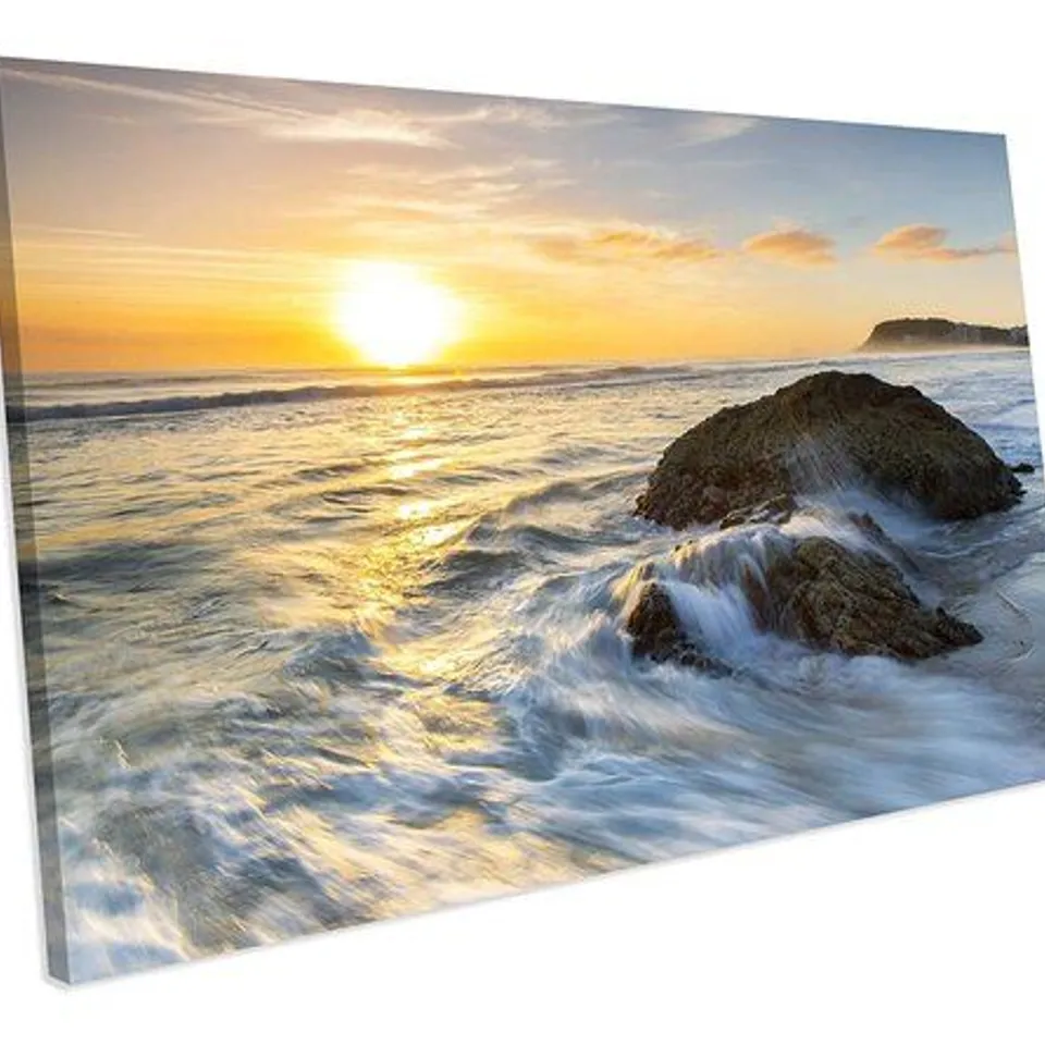 'YELLOW SUNSET ROCKY OCEAN BEACH' ART ON CANVAS