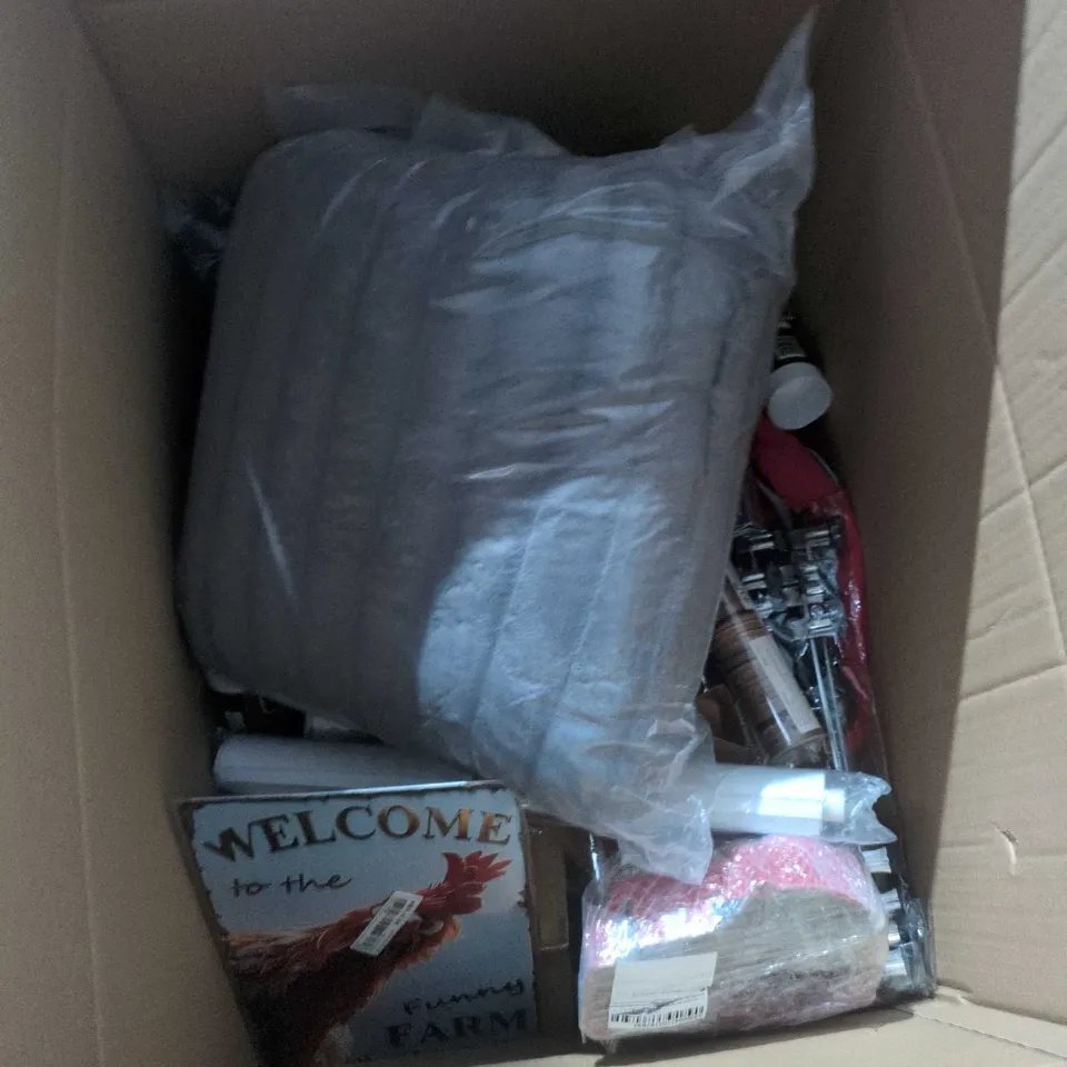 BOX OF APPROXIMATELY 20 ASSORTED HOUSEHOLD ITEMS INCLUDING MERRY CHRISTMAS SIGN , SHOE CABINET AND DECORATORS CAULK