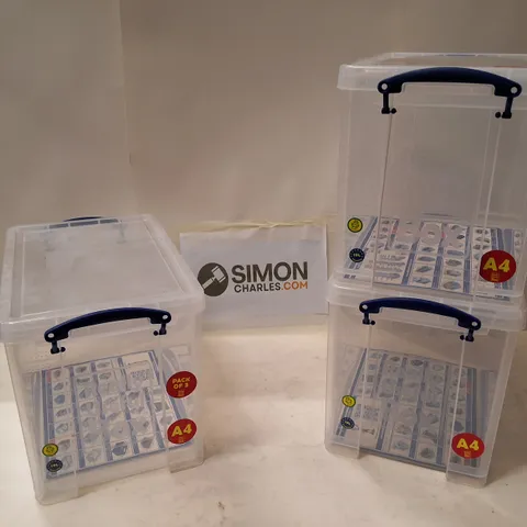 CLEAR PLASTIC A4 19L STORAGE BOXES WITH BLUE HANDLES – PACK OF 3