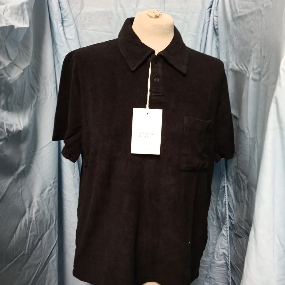 UNIVERSAL WORKS NEWLYN POLO SHIRT – BLACK, LIGHTWEIGHT TERRY – SIZE S (MEN'S)