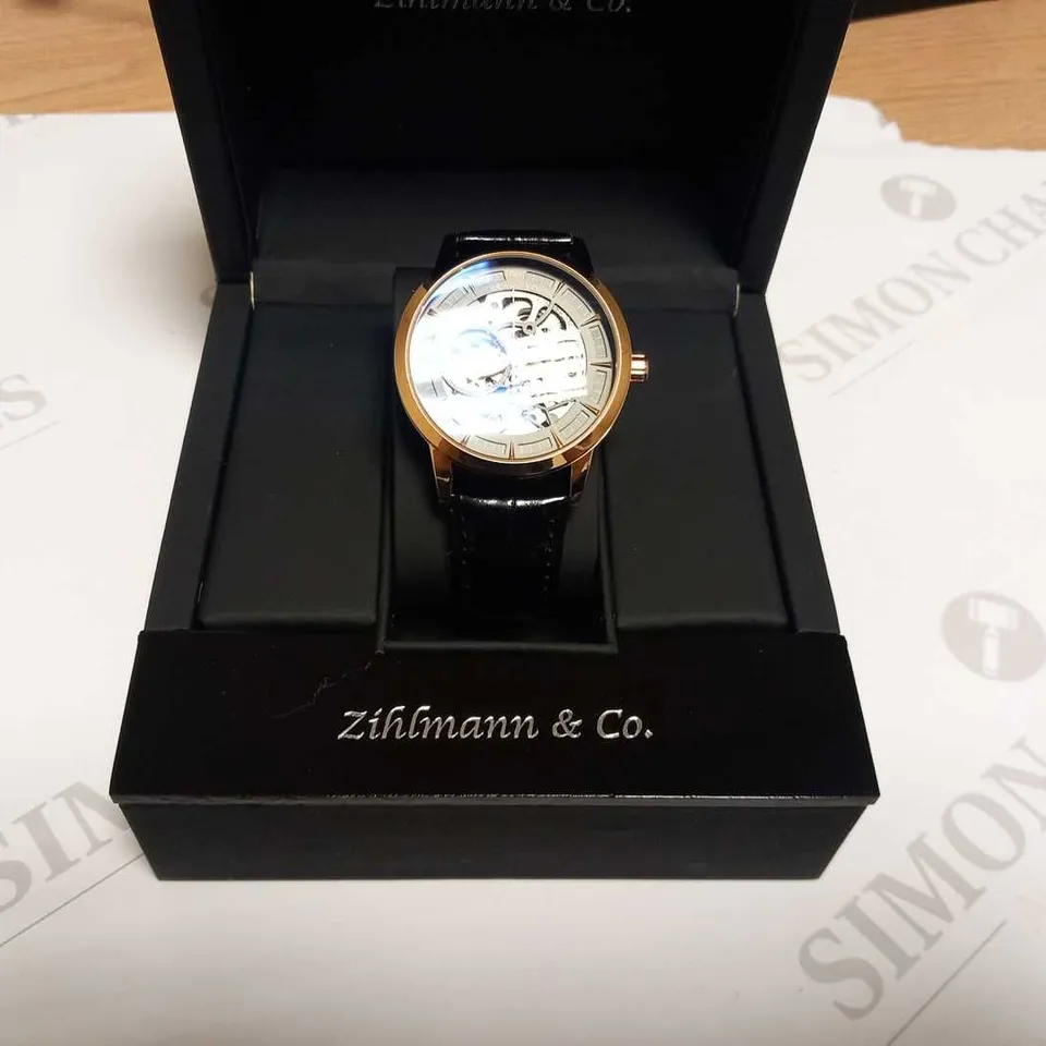 MENS ZIHLMANN & CO AUTOMATIC WATCH - Z210 – SKELETON DIAL – GOLD COLOUR CASE – GENUINE LEATHER CASE – HAND ASSEMBLED 