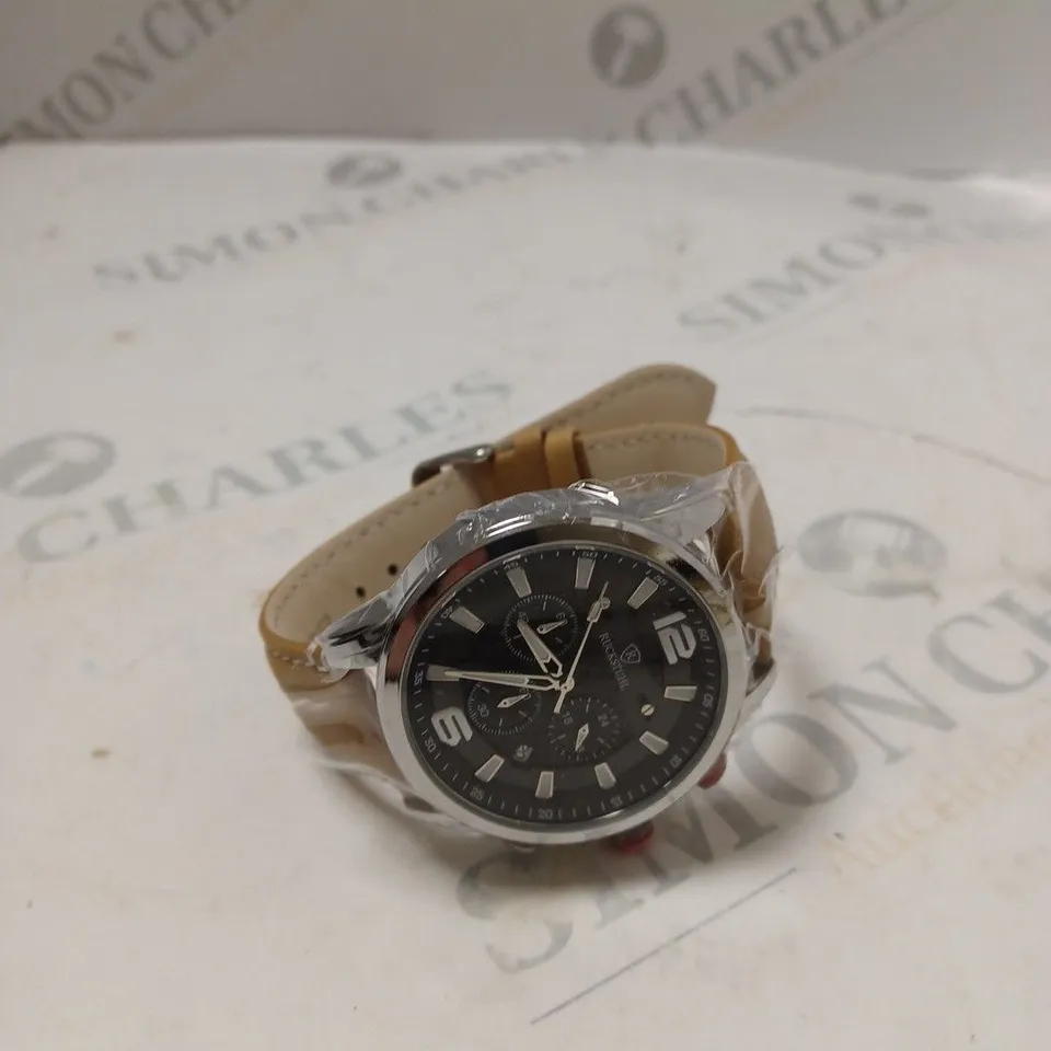 MEN’S RUCKSTUHL CHRONOGRAPH WATCH – MODEL R120 – BLACK MULTI-FUNCTION DIAL – BROWN GENUINE LEATHER STRAP – 3ATM WATER RESISTANT