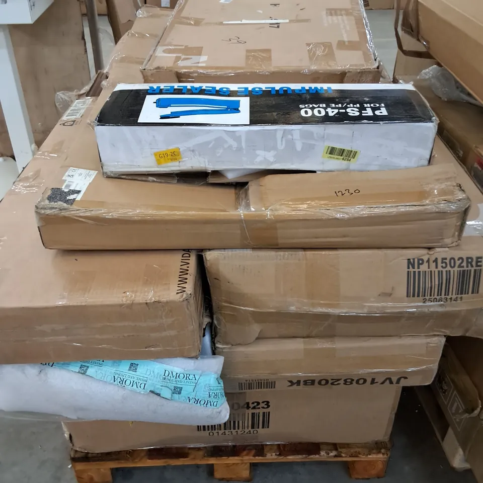 PALLET OF ASSORTED ITEMS AND PARTS TO INCLUDES FLAT PACK FURNITURE AND IMPACT SEALER