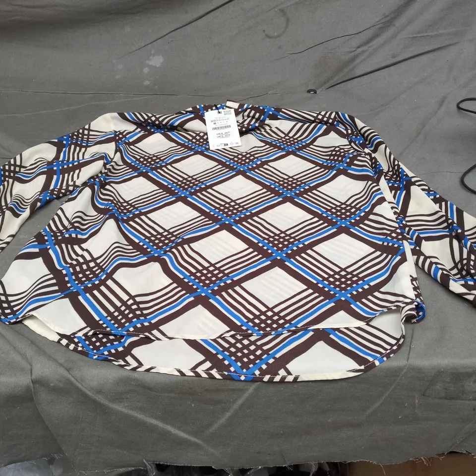 ZARA WOMEN'S PLAID BLOUSE – BROWN, BLUE & WHITE (XS) 