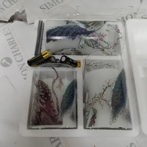 ALISON CORK SET OF 3 GLASS PRINTED PEACOCK LED CANDLES