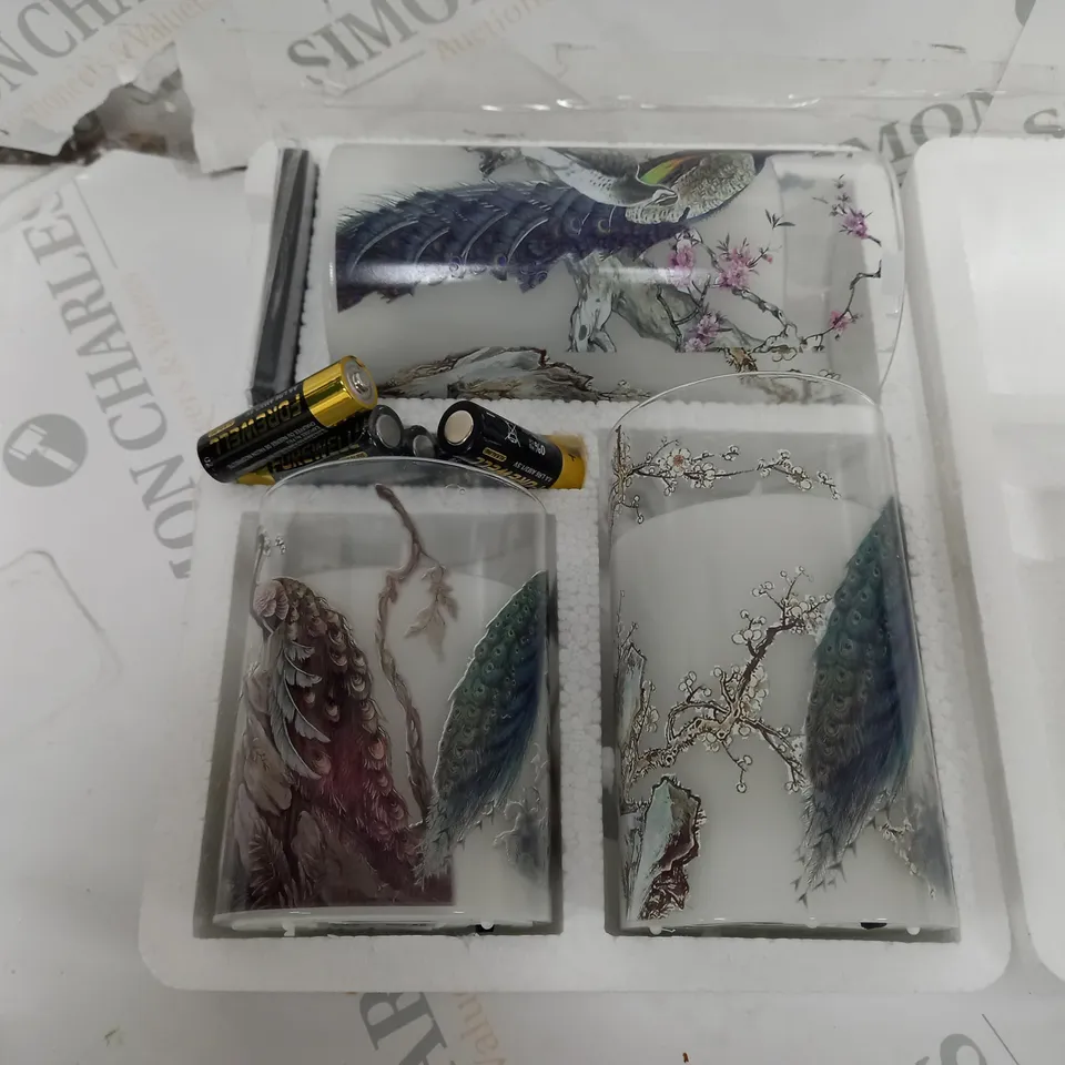 ALISON CORK SET OF 3 GLASS PRINTED PEACOCK LED CANDLES 
