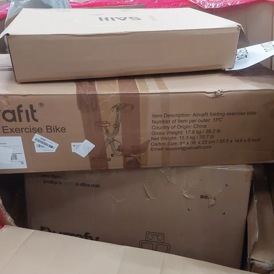 PALLET OF ASSORTED HOUSEHOLD ITEMS AND CONSUMER PRODUCTS TO INCLUDE; LAPTOP TRAY, EXERCISE BIKE, OFFICE CHAIR ETC