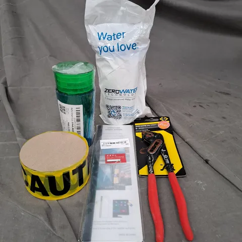 APPROXIMATELY 12 HOUSEHOLD ITEMS TO INCLUDE CAUTION TAPE, PLASTIC BEAKERS AND A WATERPUMP PLIER