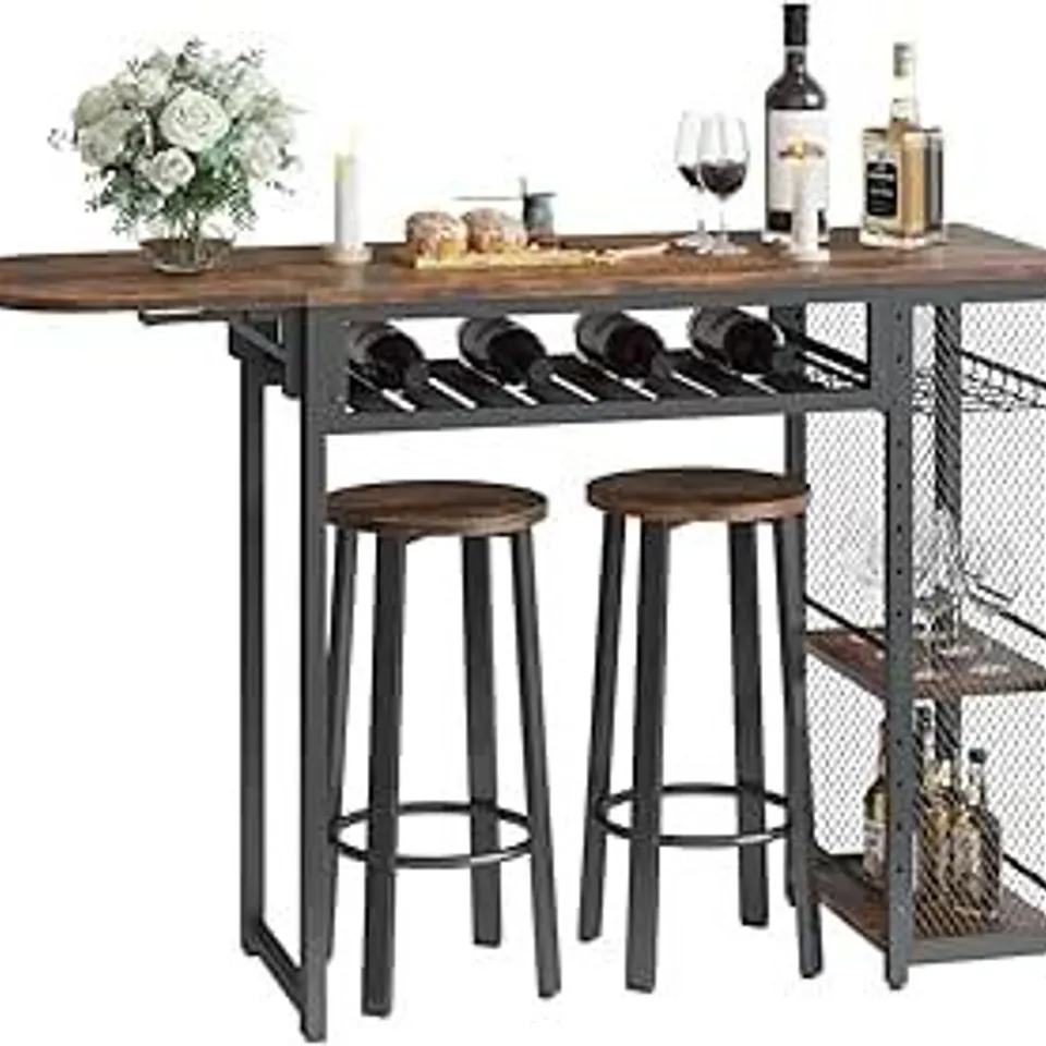 BOXED BESTIER BAR TABLE AND CHAIR SET, EXPANDABLE DINING TABLE WITH 2 BAR STOOLS - RUSTIC BROWN