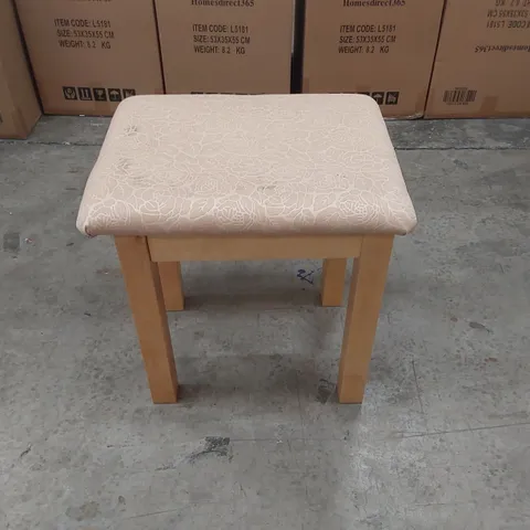 DESIGNER WOODEN STOOL WITH UPHOLSTERED CUSHION - THE CUSHION TOP IS NOT ATTACHED PROPERLY