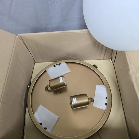 BRASS FINISH CEILING LIGHT FIXTURE WITH TWO ADJUSTABLE SPOTLIGHTS AND FROSTED GLOBE SHADE