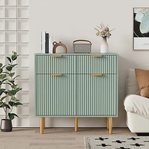 GREEN RIBBED TWO-DOOR SIDEBOARD WITH BRASS LEGS