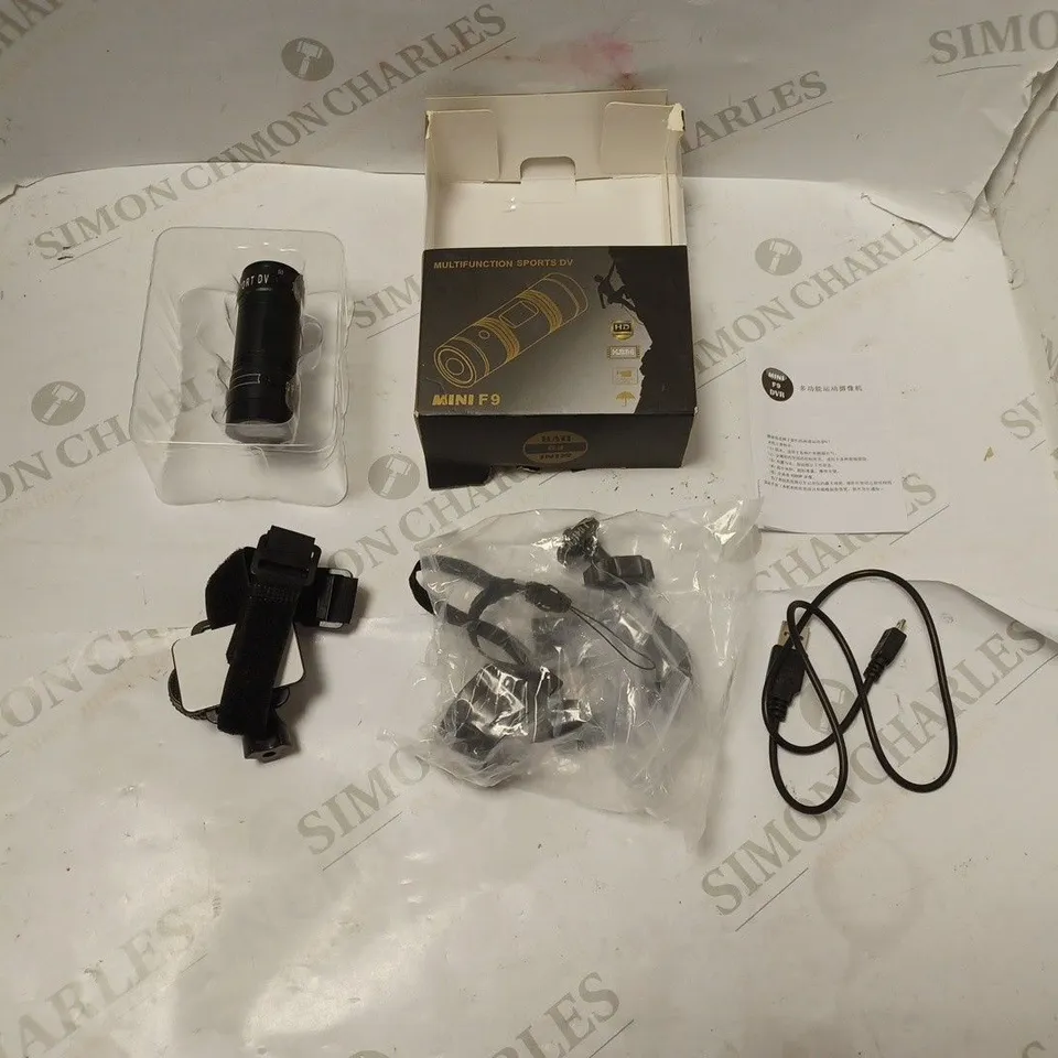 BOXED SPORTS DVR CAMERA WITH WRIST STRAP, ACCESSORIES, USB CABLE AND INSTRUCTIONS