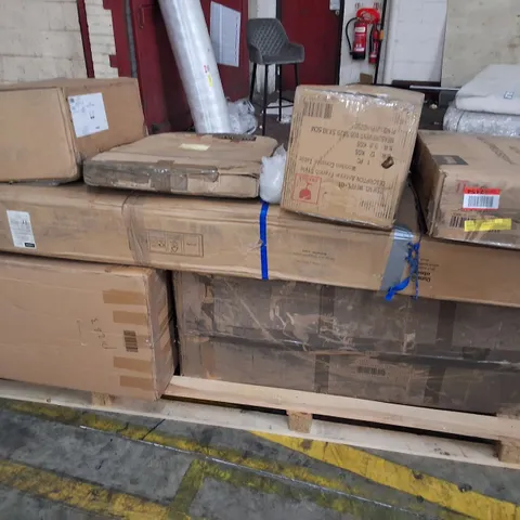 PALLET OF ASSORTED FLAT PACK FURNITURE PARTS TO INCLUDE METAL BED FRAME, WOODEN CONSOLE TABLE ANDBASIN