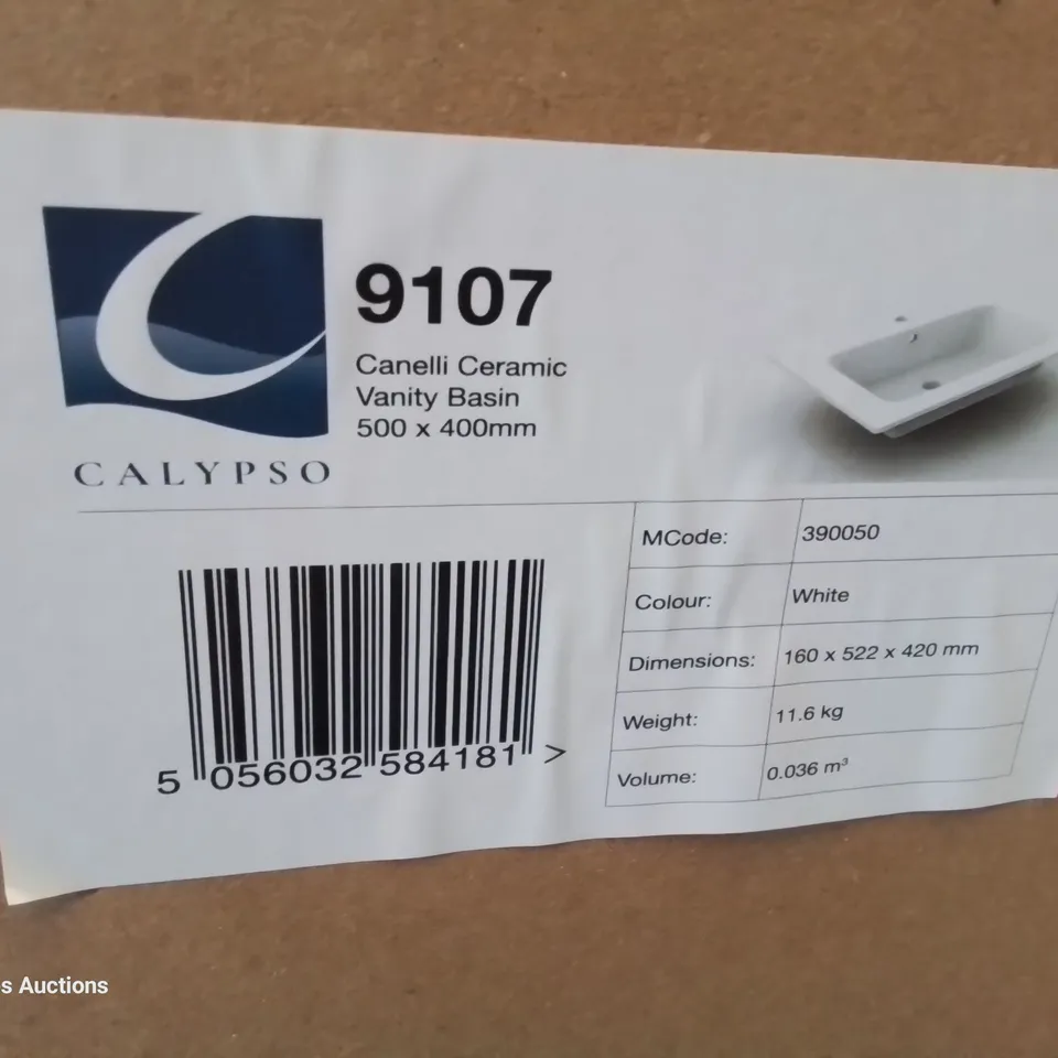 BOXED CANELLI CERAMIC SINGLE TAP VANITY BASIN WHITE 500 × 400mm