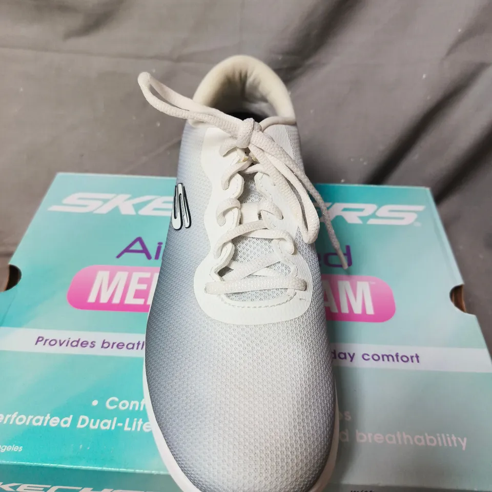 BOXED PAIR OF SKECHERS SNEAKERS – AIR-COOLED MEMORY FOAM, GREY/WHITE - SIZE 6