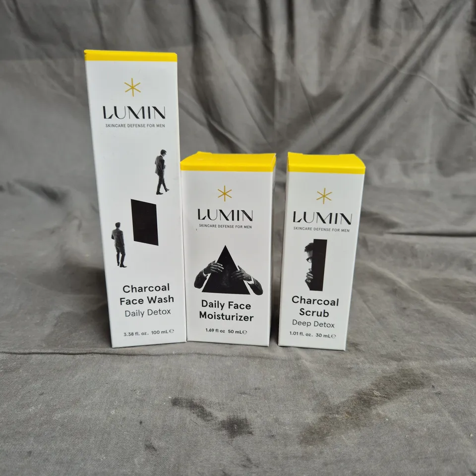 LOT OF 3 LUMIN SKINCARE PRODUCTS TO INCLUDE CHARCOAL FACE WASH 100ML, DAILY FACE MOISTURIZER 50ML AND CHARCOAL SCRUB 30ML