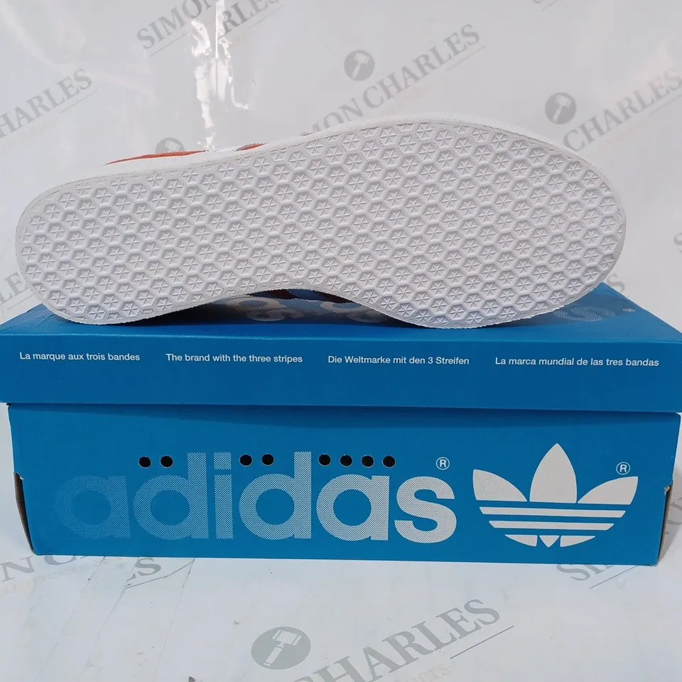 BOXED PAIR OF ADIDAS GAZELLE 85 SHOES IN RED/WHITE UK SIZE 9
