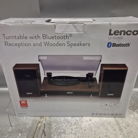 BOXED LENCO LS-100WD BELT DRIVE TURNTABLE WITH WOODEN SPEAKERS