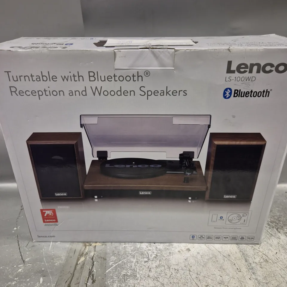 BOXED LENCO LS-100WD BELT DRIVE TURNTABLE WITH WOODEN SPEAKERS