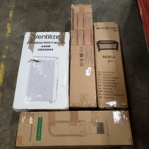 PALLET CONTAINING ASSORTED PRODUCTS INCLUDING TRAVEL COT, AIR MULTIPLIER TOWER FAN, 20L DEHUMIDIFIER & BABY PLAYPEN 