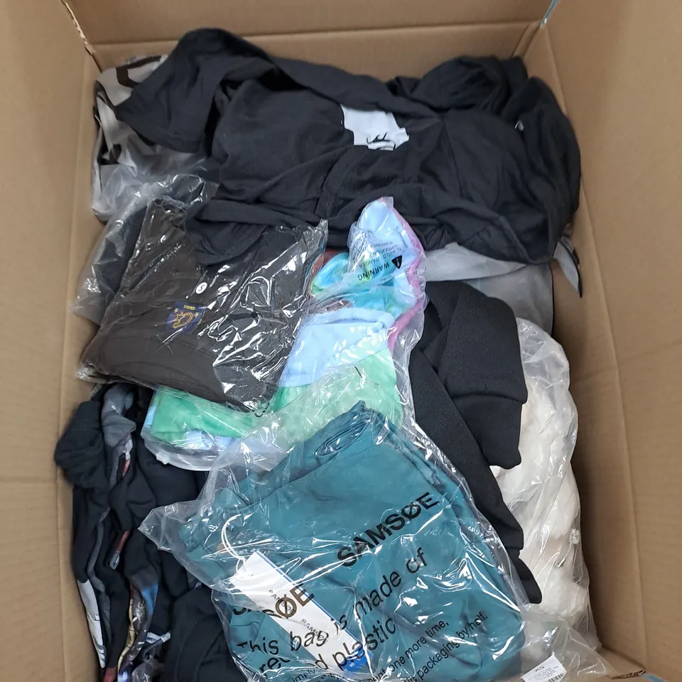 BOX OF APPROX. 50 ASSORTED CLOTHING VARYING IN SIZE/COLOUR/STYLE TO INCLUDE:  TOPS, TROUSERS, JUMPERS