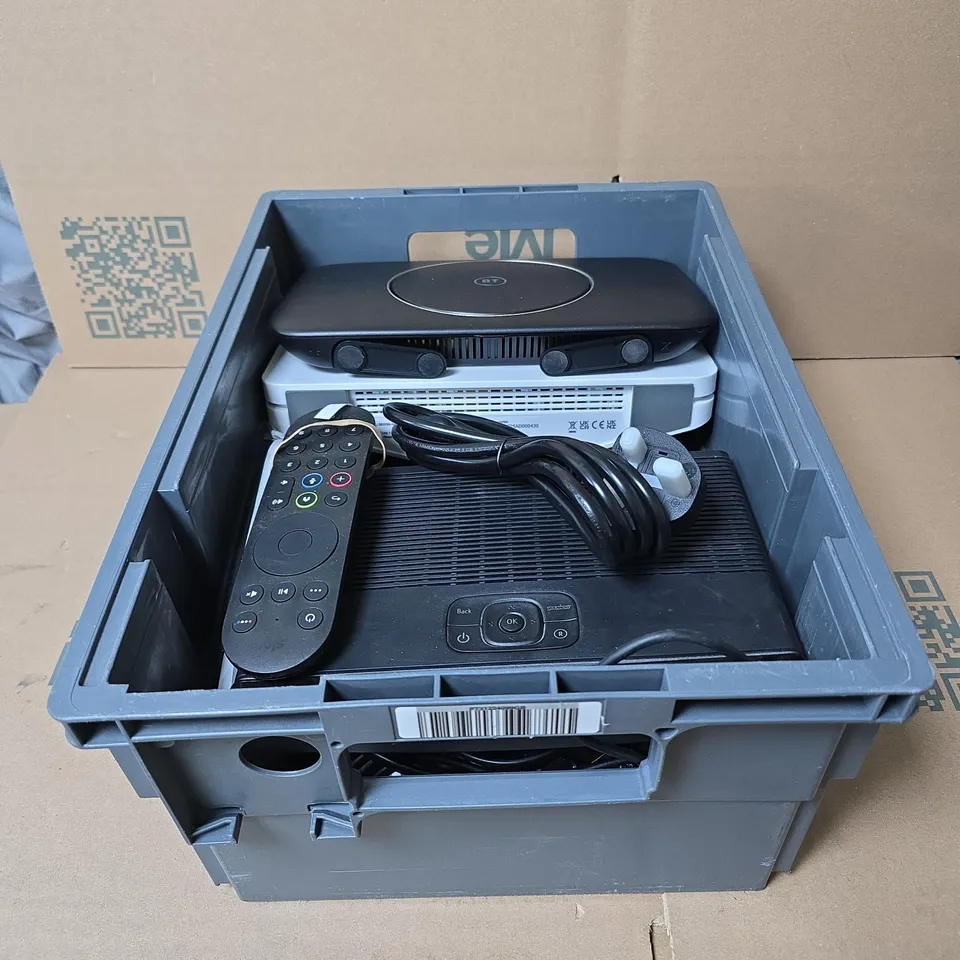 TOTE OF APPROXIMATELY 12 ASSORTED HOUSEHOLD ITEMS TO INCLUDE ROUTERS, CABLES, REMOTE CONTROL ETC