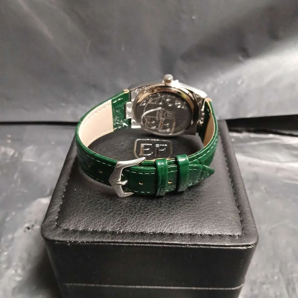 MENS ERNEST FERDINAND WATCH – DAY DATE CALENDAR DIAL –LEATHER STRAP – 3ATM WATER RESISTANT - GIFT BOX – GREEN