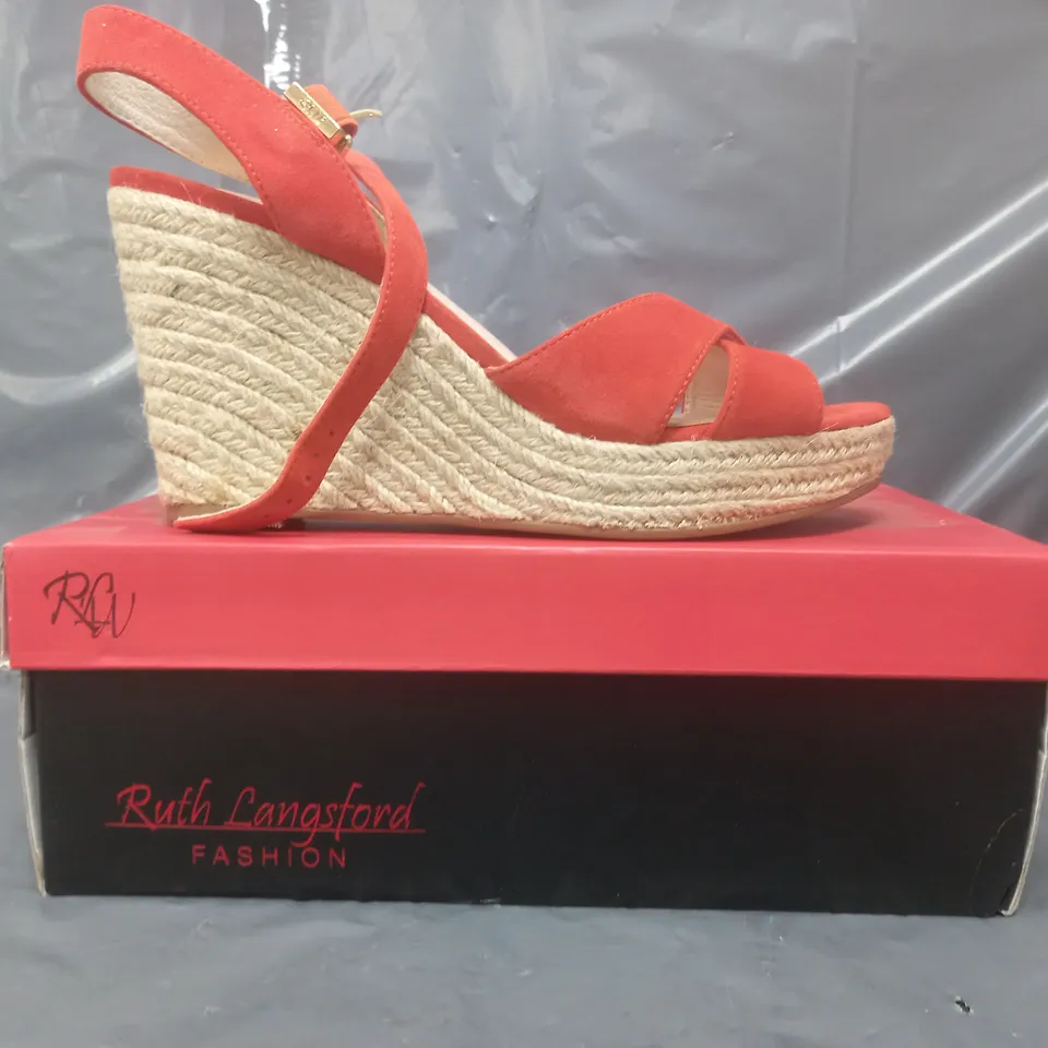 BOXED PAIR OF RUTH LANGSFORD WEDGE SANDALS IN ORANGE SIZE 8