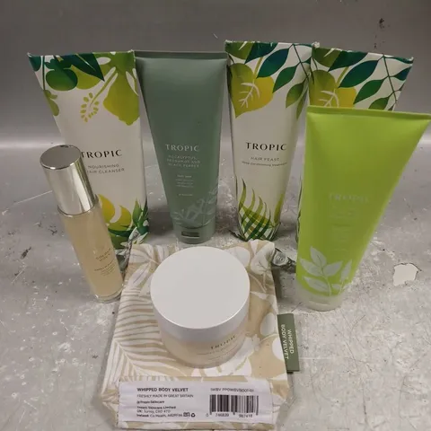 TROPIC SKINCARE LOT OF 6 ASSORTED SKINCARE PRODUCTS TO INCLUDE - WHIPPED BODY VELVET - MOLTEN SHIMMER MIST - HAIR FEAST DEEP CONDITIONING TREATMENT - ETC