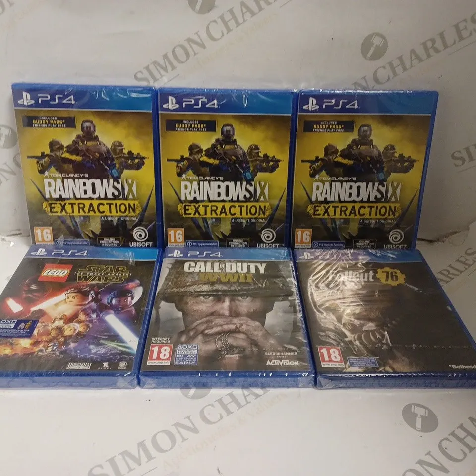 6 X SEALED ASSORTED PLAYSTATION 4 VIDEO GAMES TO INCLUDE RAINBOW 6 EXTRACTION, LEGO STAR WARS, FALLOUT 76 & CALL OF DUTY WWII